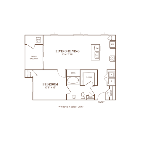 Floor plan for 1 bed, 1 bath, 875 sqft